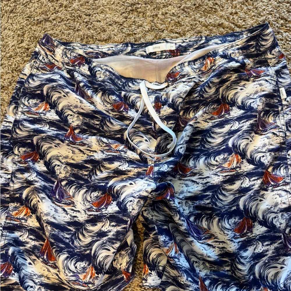 Onia Navy, White & Orange Wave-Print Swim Trunks